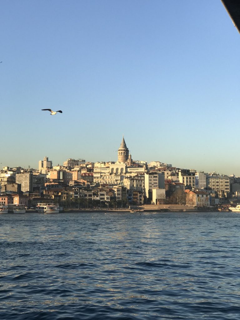 Sunset view of the city from a boat in Istanbul, Turkey