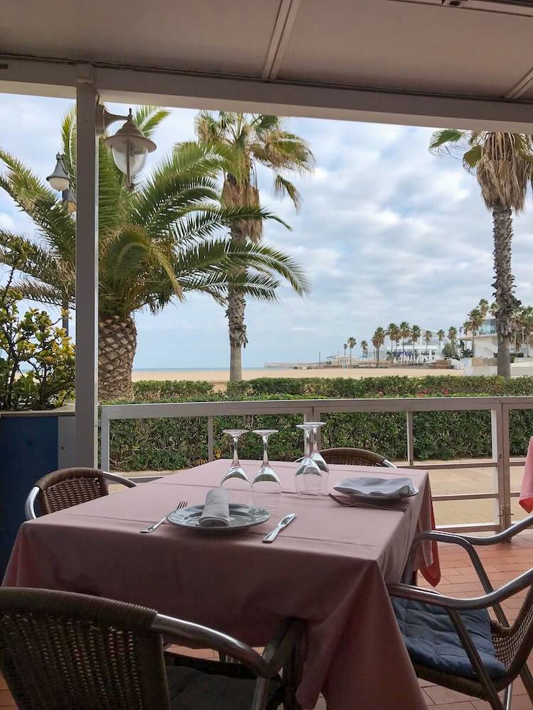 View of the beach from La Pepica restaurant in Valencia.